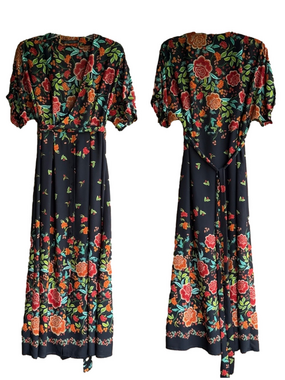 Zara Black Maxi Dress with Red & Orange Floral Accents